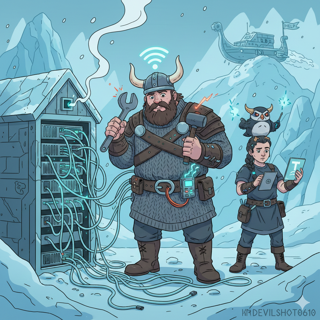 Comic: Wikinger reparieren mit Hammer und Schraubenschlüssel einen Server in einer Eislandschaft.